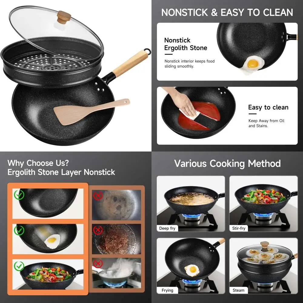 

12-дюймовый многофункциональный вок с антипригарным покрытием, пароваркой, сковородой и крышкой для индукционных, газовых и галогенных варочных панелей.