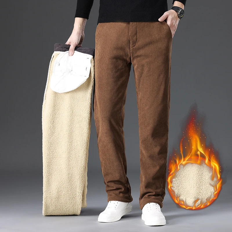 

Вельветовые мужские зимние флисовые повседневные брюки, утепленные теплые плюшевые брюки из шерпа, удобные прямые повседневные деловые брюки высокого качества