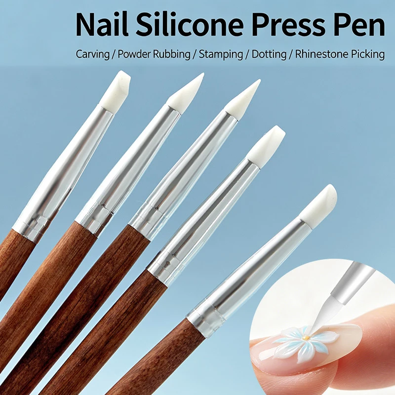 5Pcs Silicone Nail Art Press Pen Multi Color Wood Plastic Handle For 3D Flower Carving Dotting DIY Salon Home Manicure Tools