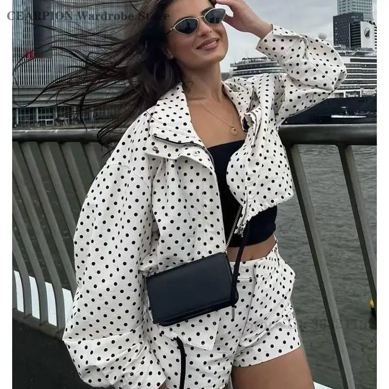 Women's Streetwear Long Sleeves Turtleneck Zipper with Pockets Drawstring Casual Coats Fashion Polka Dot Printed Jacket Shorts