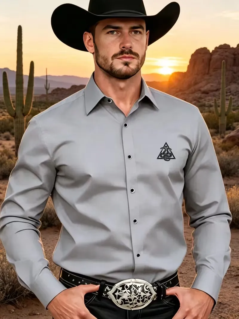 Men's Western Cowboy Long Sleeve Shirt Triangle Snake Print Slim Fit Anti-Wrinkle Casual Retro Button Design for Daily Wear