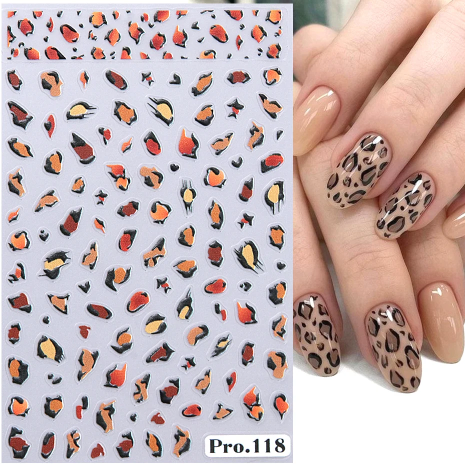 5D Leopard Nail Stickers Brown Hot Pink Green Leopard Skin French Manicure Hibiscus Flower Design DIY Winter Y2K Nail Decoration