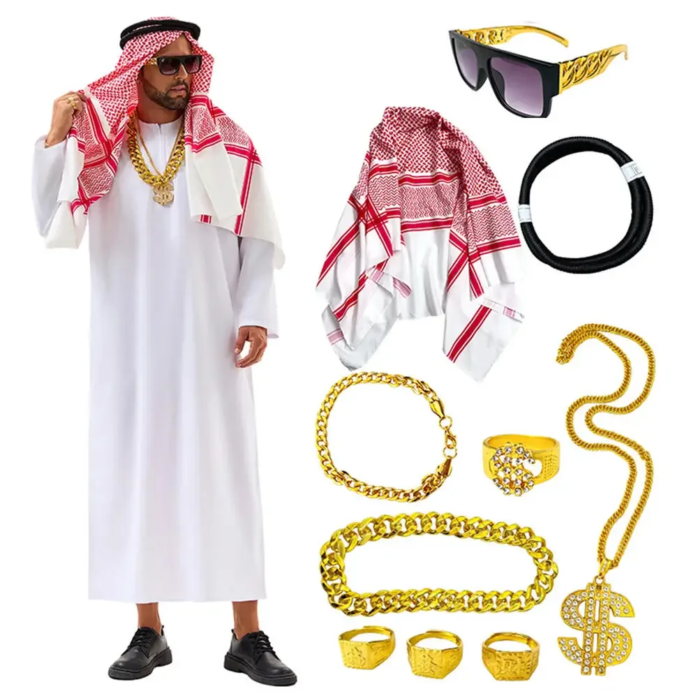 

Arabian Dubai Costume Uae Sheik Cosplay Robe Turban Accessory Set Arabian Prince Desert Purim Festival Halloween Dress Up Outfit