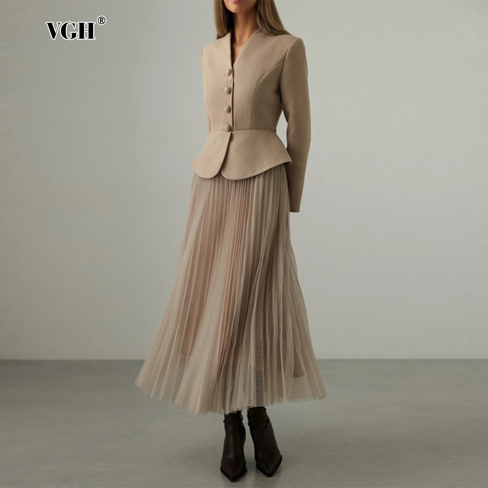 VGH Solid Two Piece Set for Women V Neck Long Sleeve Patchwork Irrgular Hem Top High Waist Mesh Folds Skirt Elegant Suit Female