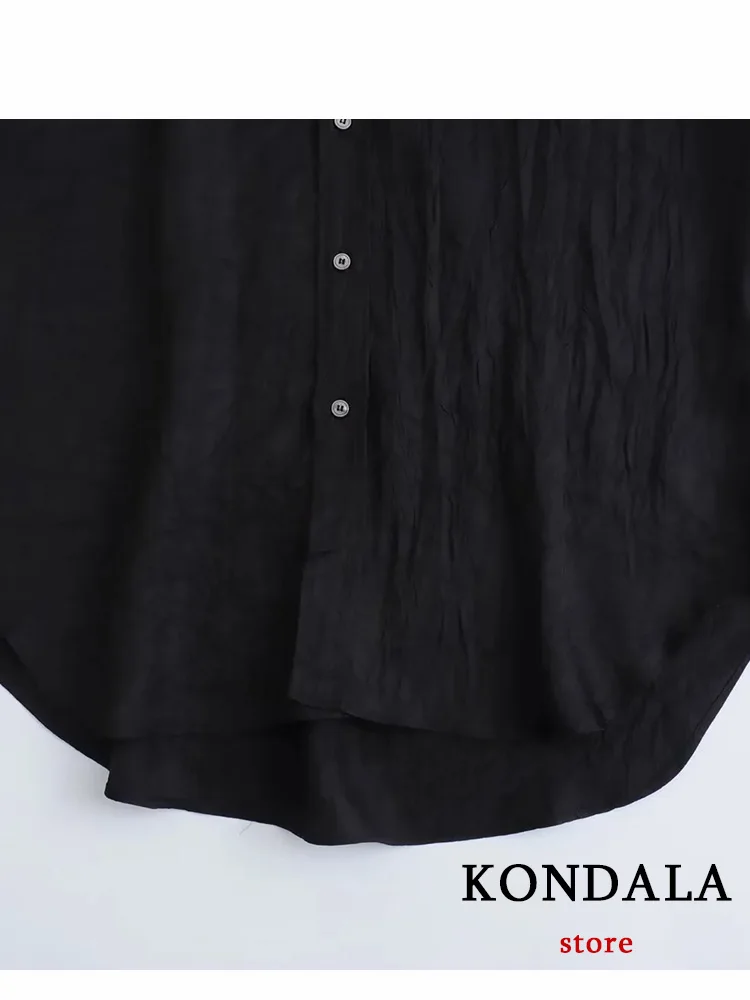 KONDALA-Blusa casual vintage feminina, gola virada para baixo sólida, peito único, blusa solta, preta, nova moda, camisas de outono, 2023