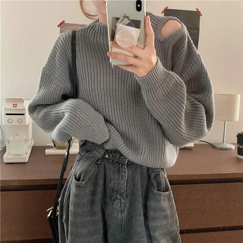 Korean Off Shoulder Knitted Jumpers Casual O-Neck Women\'s Clothing 2024 Autumn Winter Loose Solid Color Stylish Cut Out Sweaters