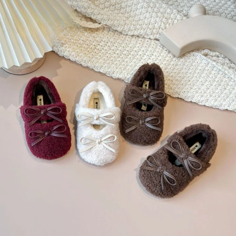 

Fashion Girl Shoe 2025 Autumn New Sweet Hairy Shoe Butterfly Princess Shoe with Velvet Warmth Kid Shoes Versatile Women's Shoes