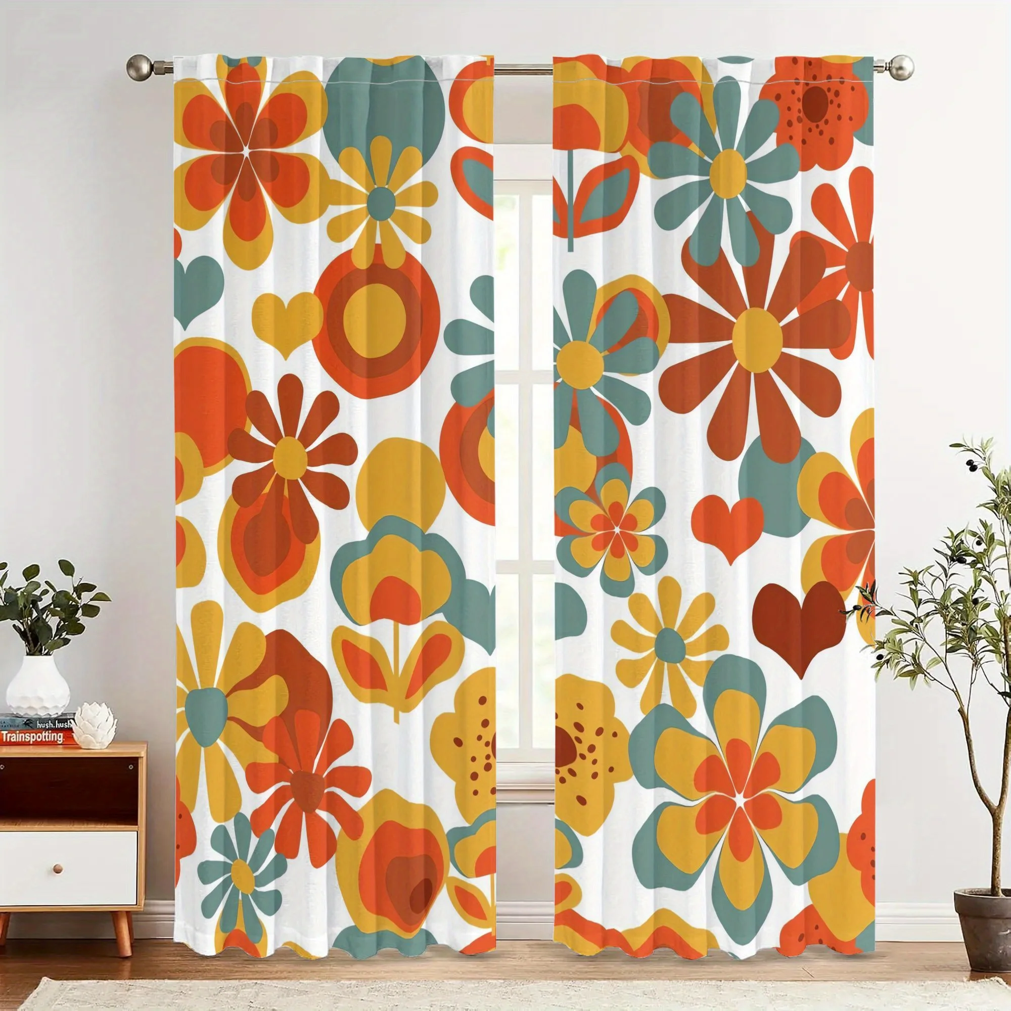 Colorful Abstract Floral Geometric Curtains 2pcs Pair Modern Boho Window Curtains for Living Room Home Decor Accent