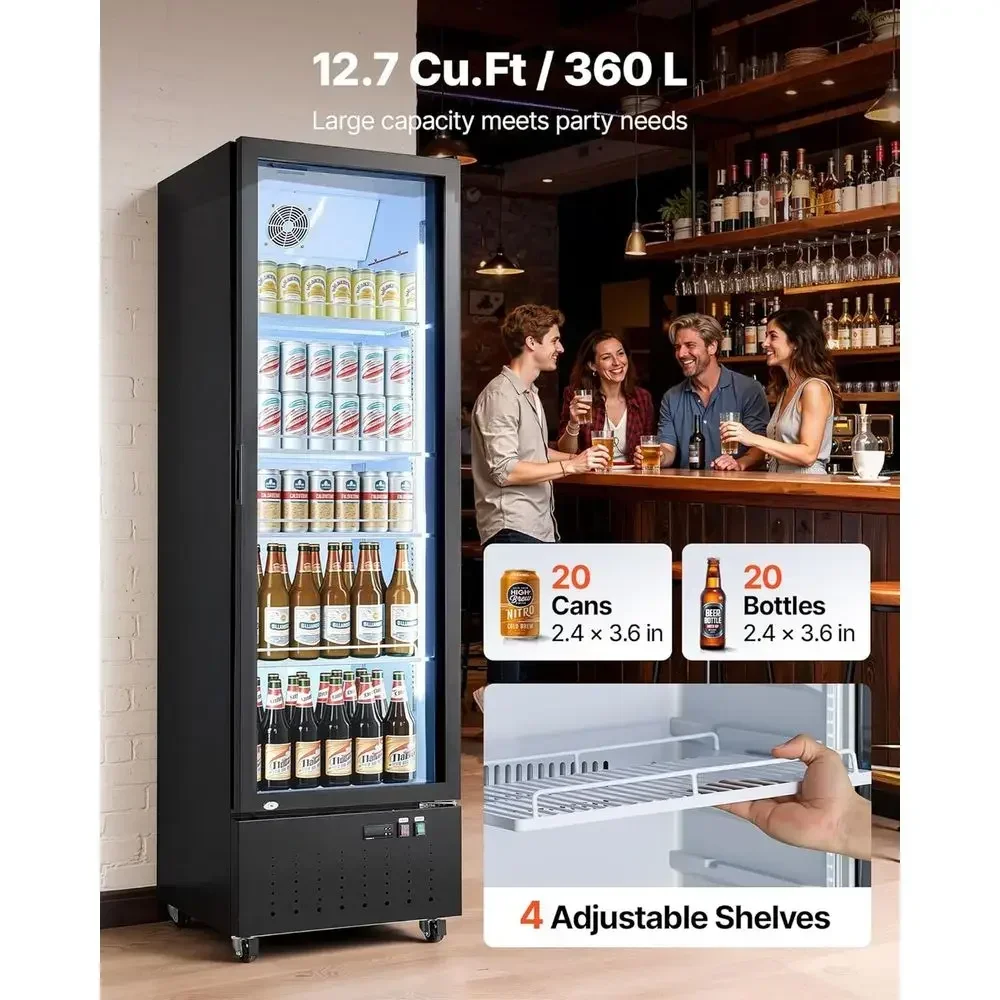 Commercial Mercher Rerigerator, 12.7 Cu.t / 360 L Glass Door Display Rerigerator, Upright Beverage Cooler ridge with 4 Adjustabl