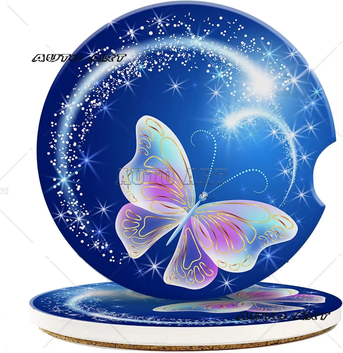 Car Cup Coaster Butterfly Glowing Firework Stars for Cup Holders Universal Non-Slip Ceramic Vehicle Interior Accessories 2 Pack