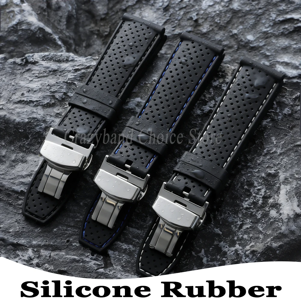 Gummi-Uhrenarmband, wasserdicht, weich, atmungsaktiv, Silikon, Schmetterlingsschnalle, 20 mm, 22 mm, Ersatz, universelles Uhrenzubehör