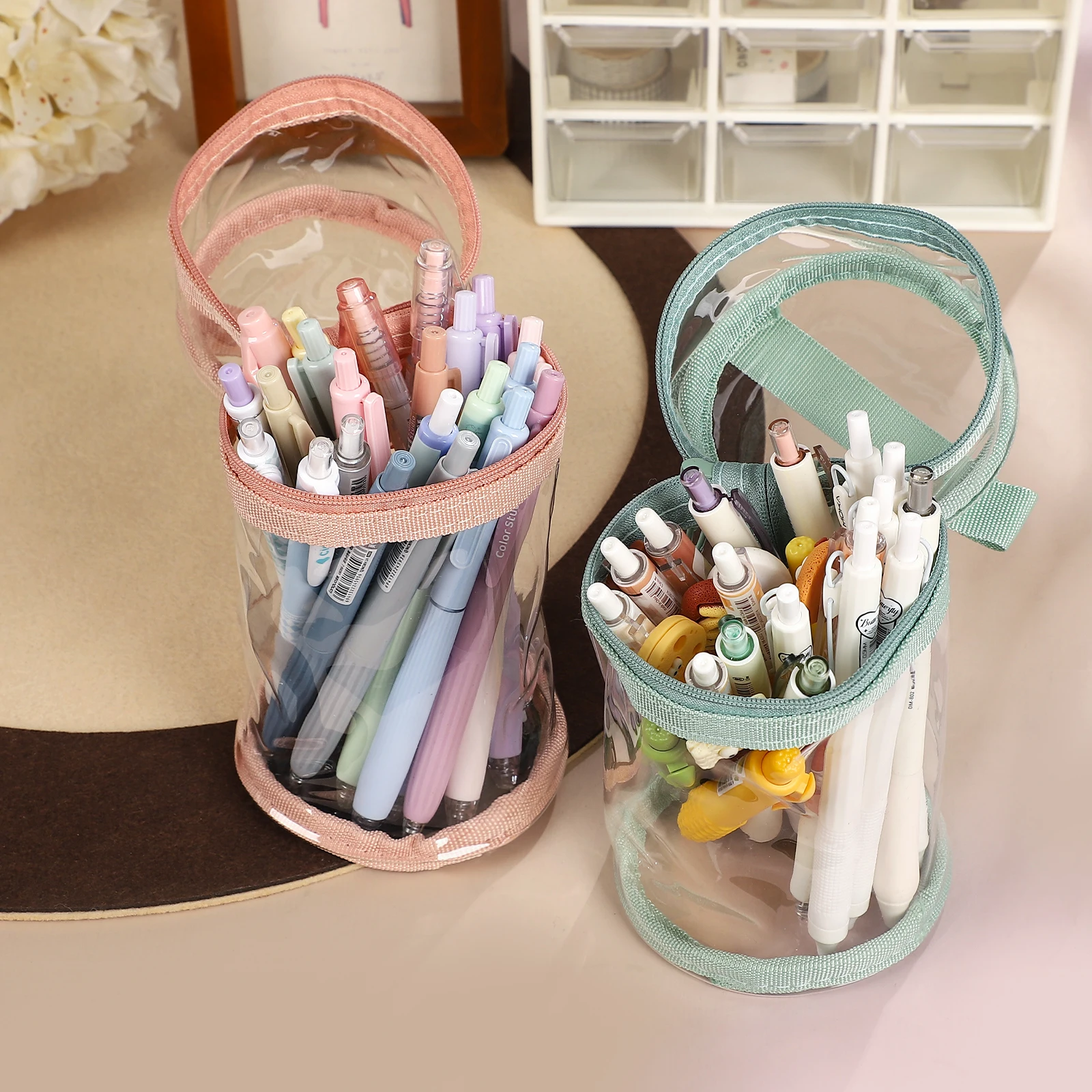 JIANWU Large Capacity Transparent Cylindrical Storage Pen Holder Pencil Bag Creative DIY Journal Student Supplies Stationery