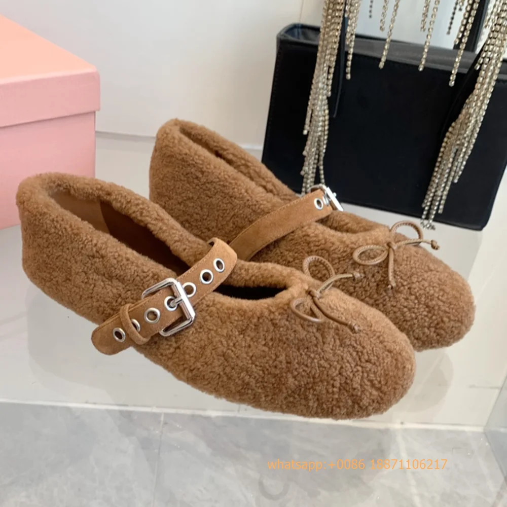 

Round Toe Bow Sweet Mary Janes 2024 Autumn New Wool/lambswool Flat Shoe Fashion Women's Solid Color Belt Buckle Ballet Shoes