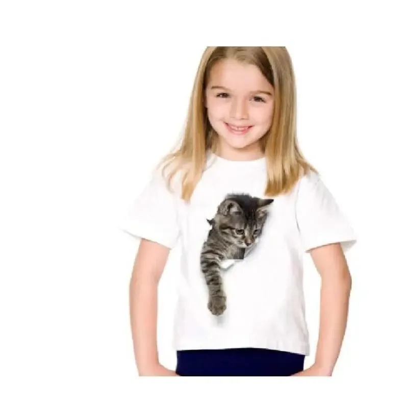 Fashion  Summer Cute Children Brand for Kids Girl Short Sleeve Print 3d Cat T Shirts Tops Baby Clothes