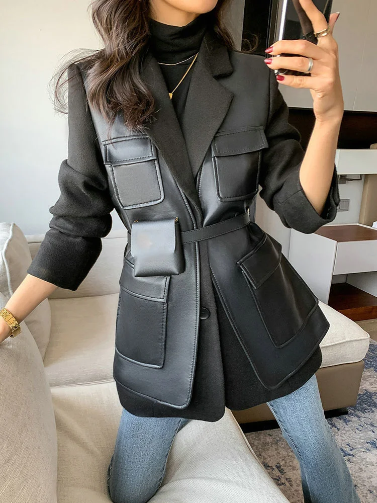 BZVW Fashion PU Leather Designer Blazer For Women Coat 2024 New Tide Belt Waist Retraction Temperament Office Lady Jacket Female