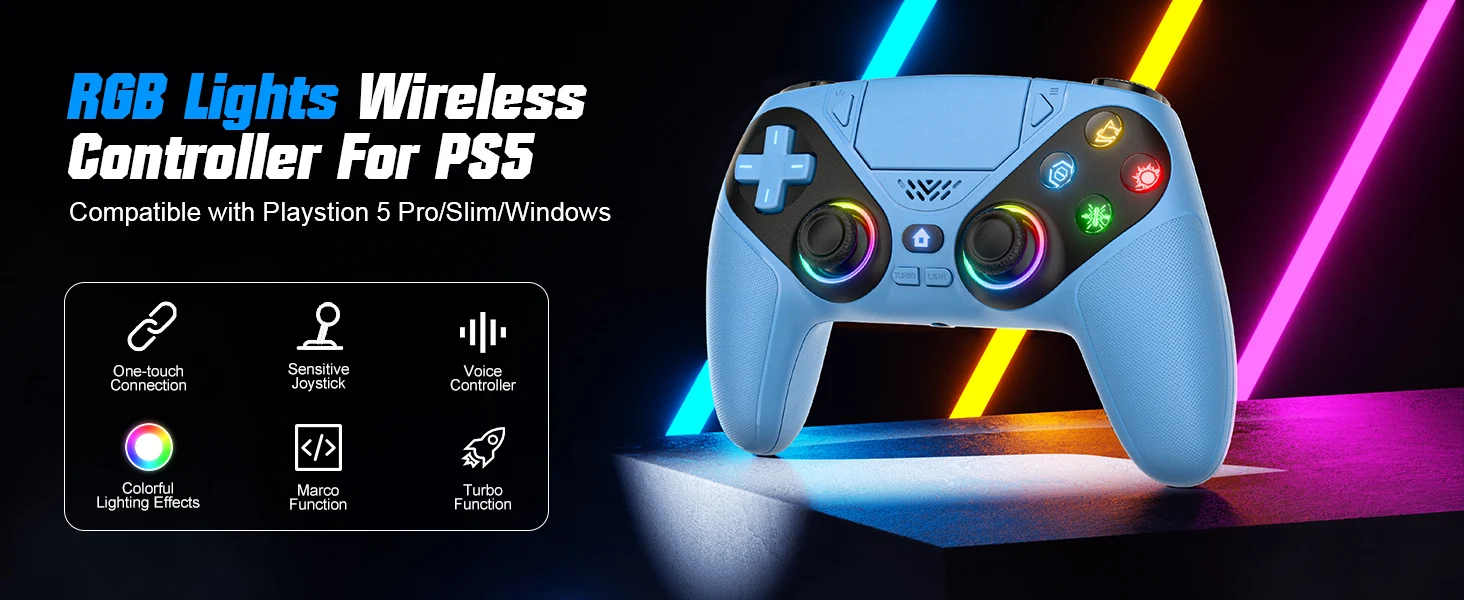 GAMROMBO RGB-Beleuchtung, kabelloser Controller für PlayStation 5 PS5/Pro/Slim/PC-Konsole, Gamepad mit Hall-Effekt-Trigger, Turbo- und Vibrationsfunktion. – Detail 19