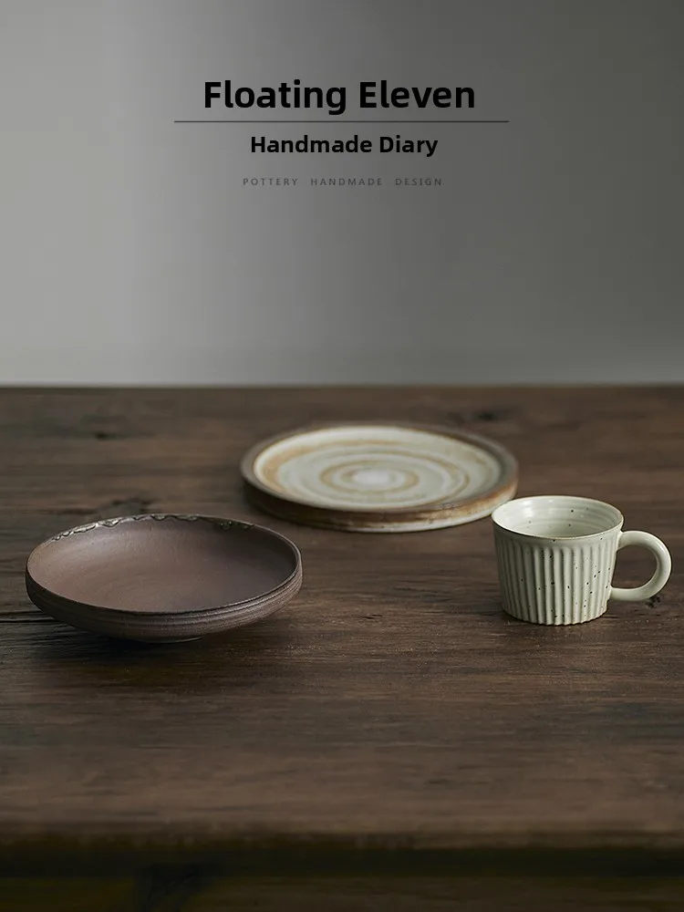 

Handmade Raku Ceramic Plate Vintage Artistic Coffee Cup Holder Wabi-Sabi Style Floaty Eleven Jingdezhen Retro Cultural Plate