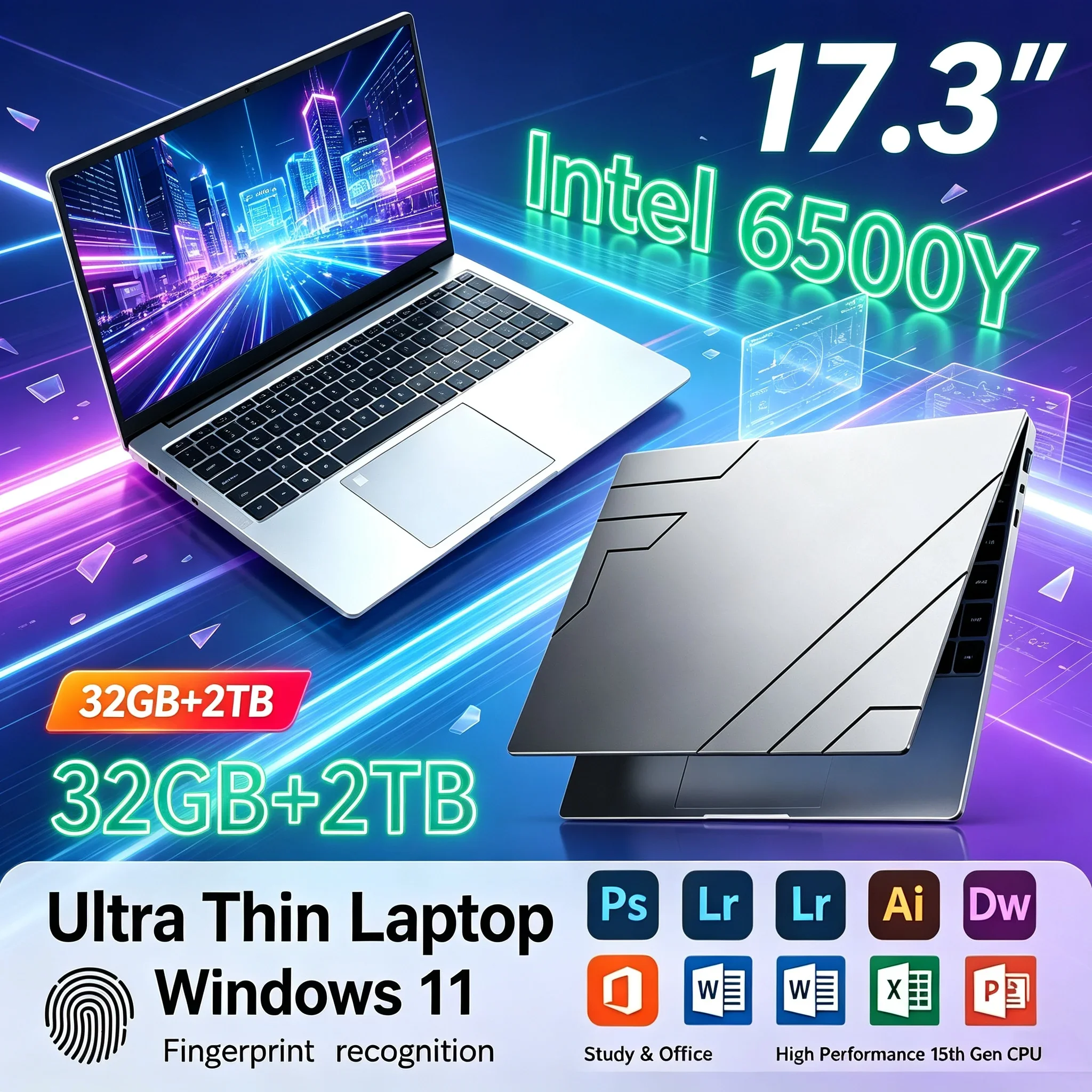 New Portable 17.3'' Inch Laptop Intel 6500Y 32GB RAM 1TB/2TB SSD Win11 WiFi6 BT5.2 Backlit Keyboard Business Study Notebook PC