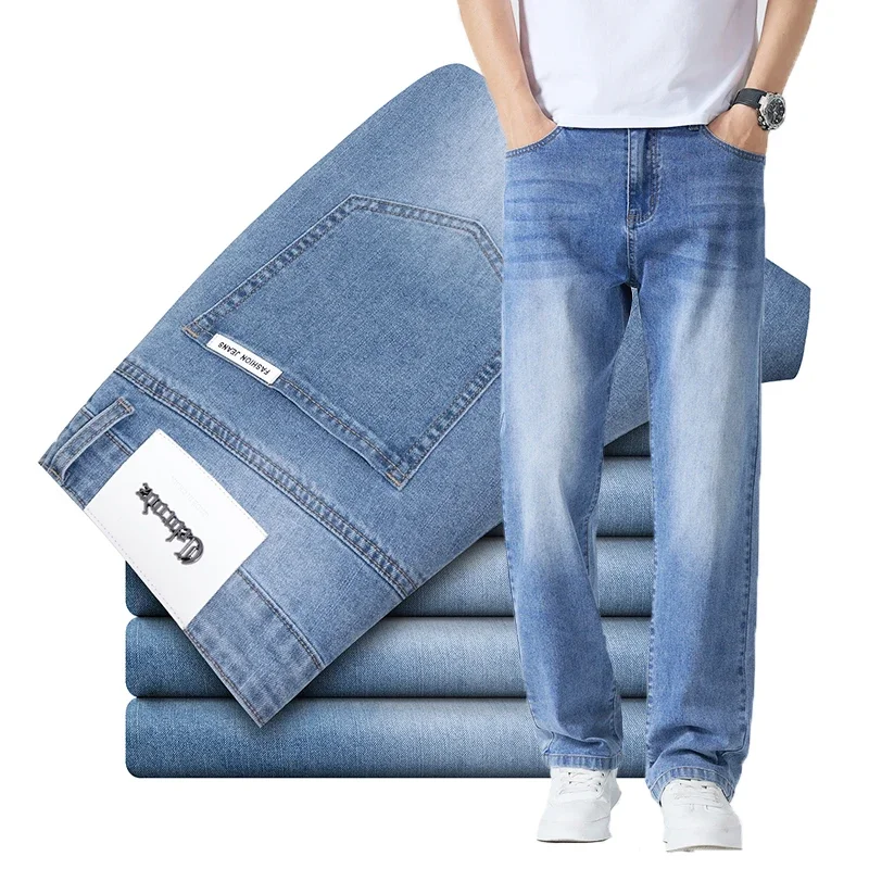

Breathable Men's Thin Summer Jeans Brand Casual Straight Trousers Loose Fashion Male Business Solid Color Denim Pants