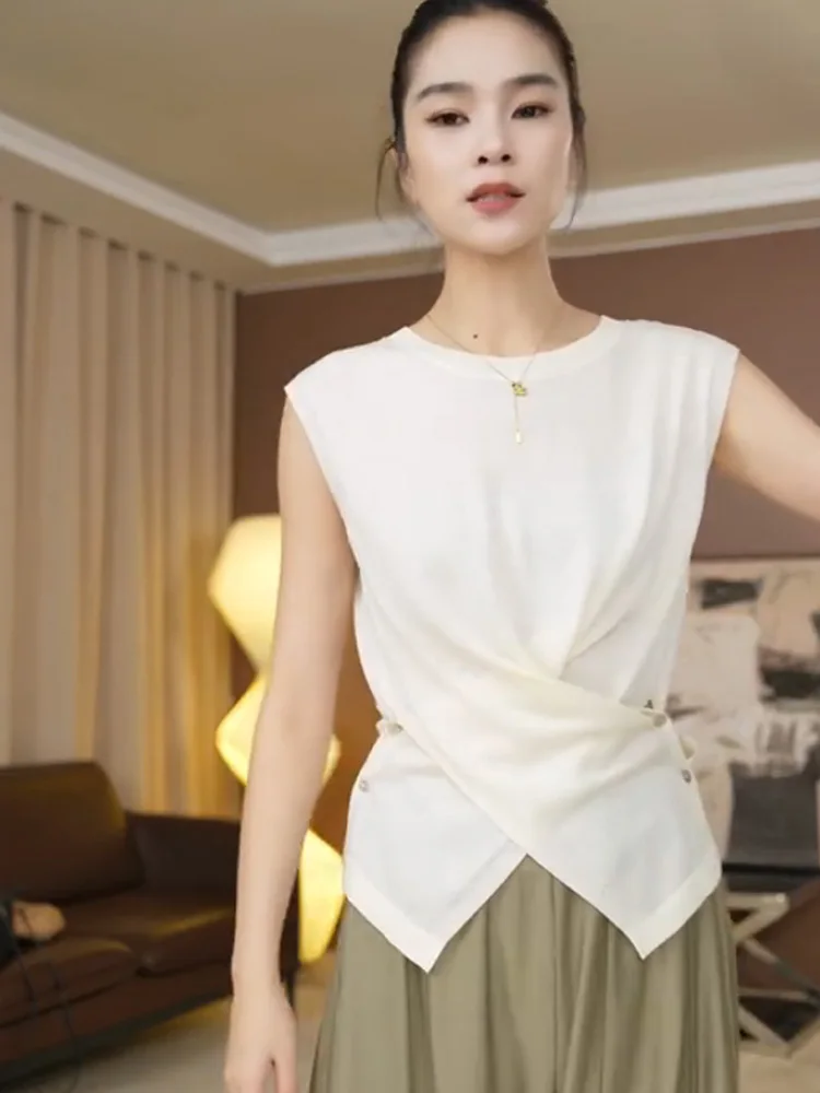 

2025 Summer New Cross Design Ice Silk Knitted Top Commute Versatile Color Simple oulder Vest Women's Faion Silk Top