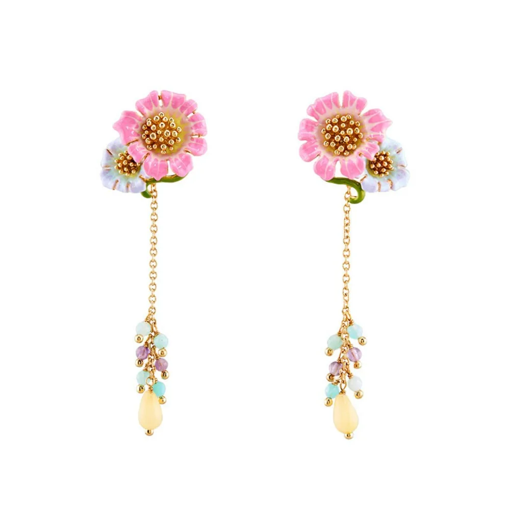 

Winter Versatile Exquisite Pink Flower Temperament Violet Daisy Earrings A Two-Wear Fashion Light Luxury Stone Tassel Earrings