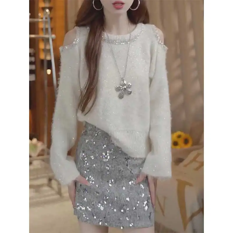 

Women Clothes Spring Autumn Fashion Korean Simplicity All-match Solid Color Knitting Off Shoulder Female Long Sleeve Pullovers
