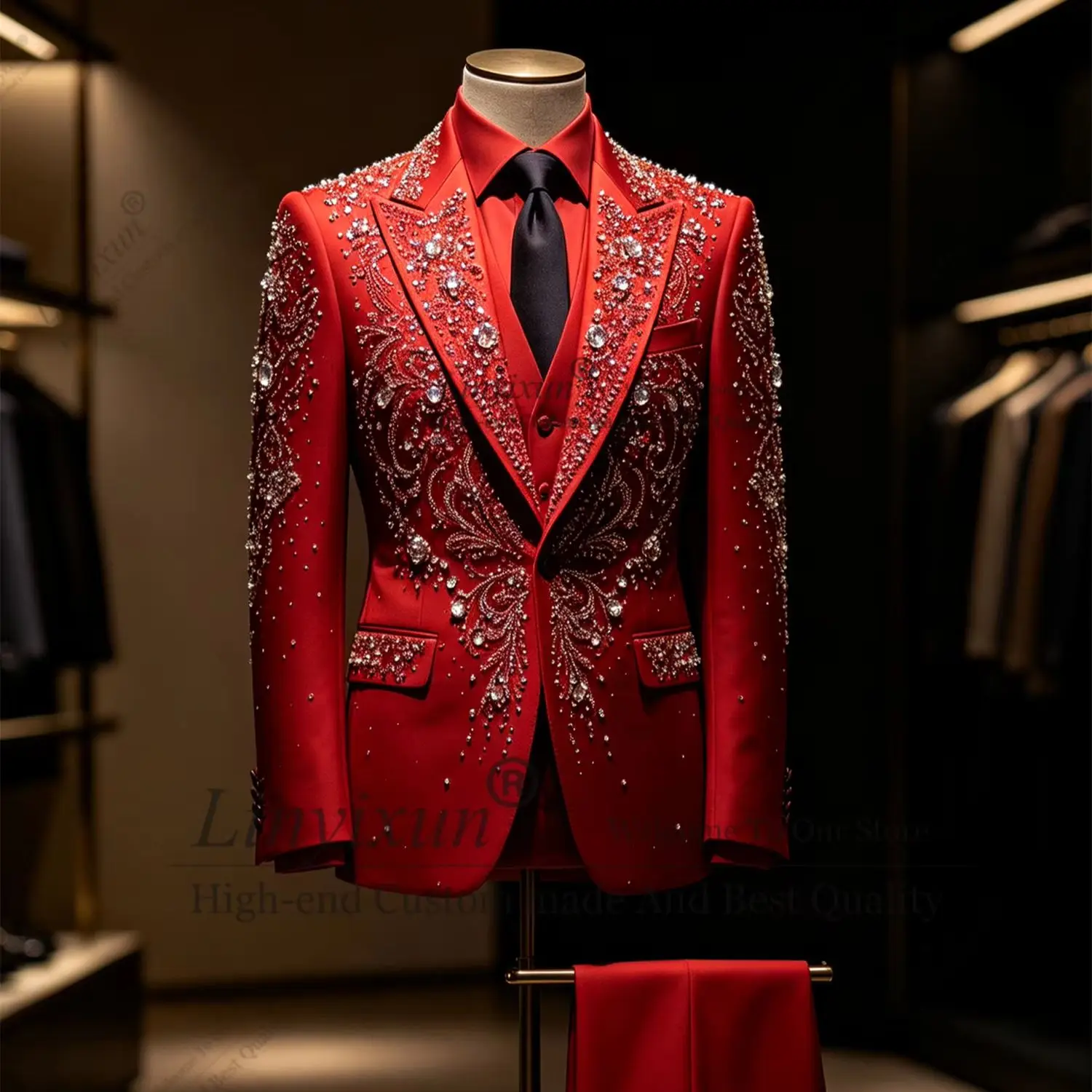 Luxuriöser Herrenanzug Slim Fit mit Funkelnden Kristallen und Perlen, 3-teiliges Set mit Blazer, Weste und Hose, Bräutigam-Outfit für Hochzeiten