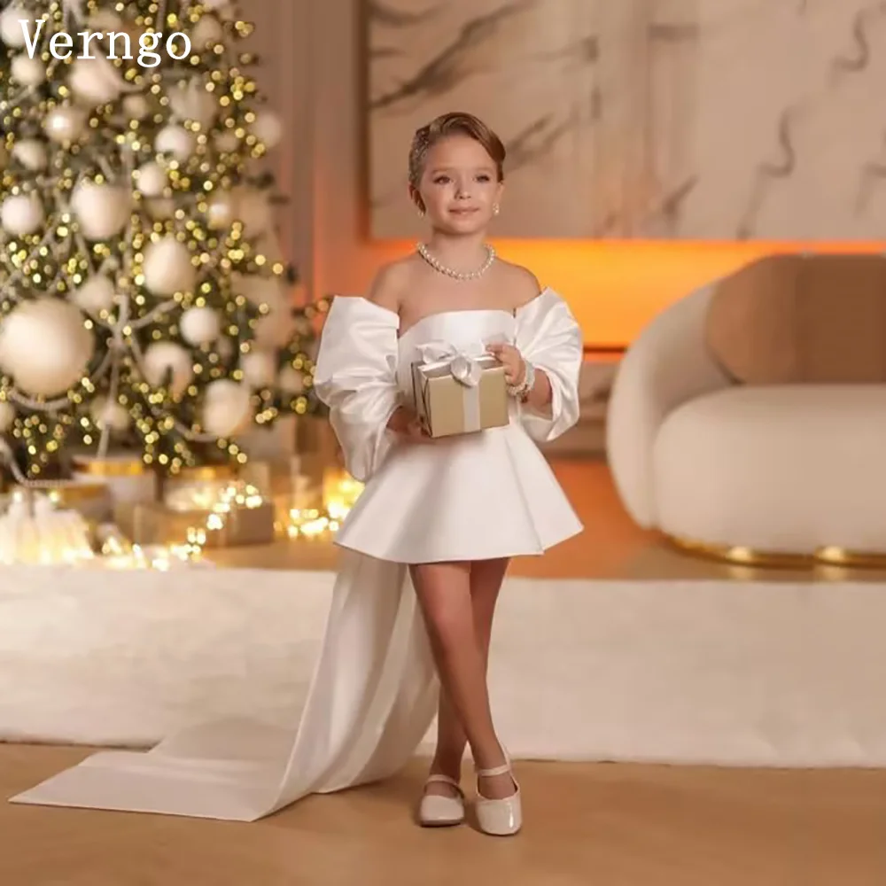 

Verngo lvory Satin Mini Girl Flowers Dress Off The Shoulder Short Bow Birthday Party Gowns Princess Celebrity Dress Customized