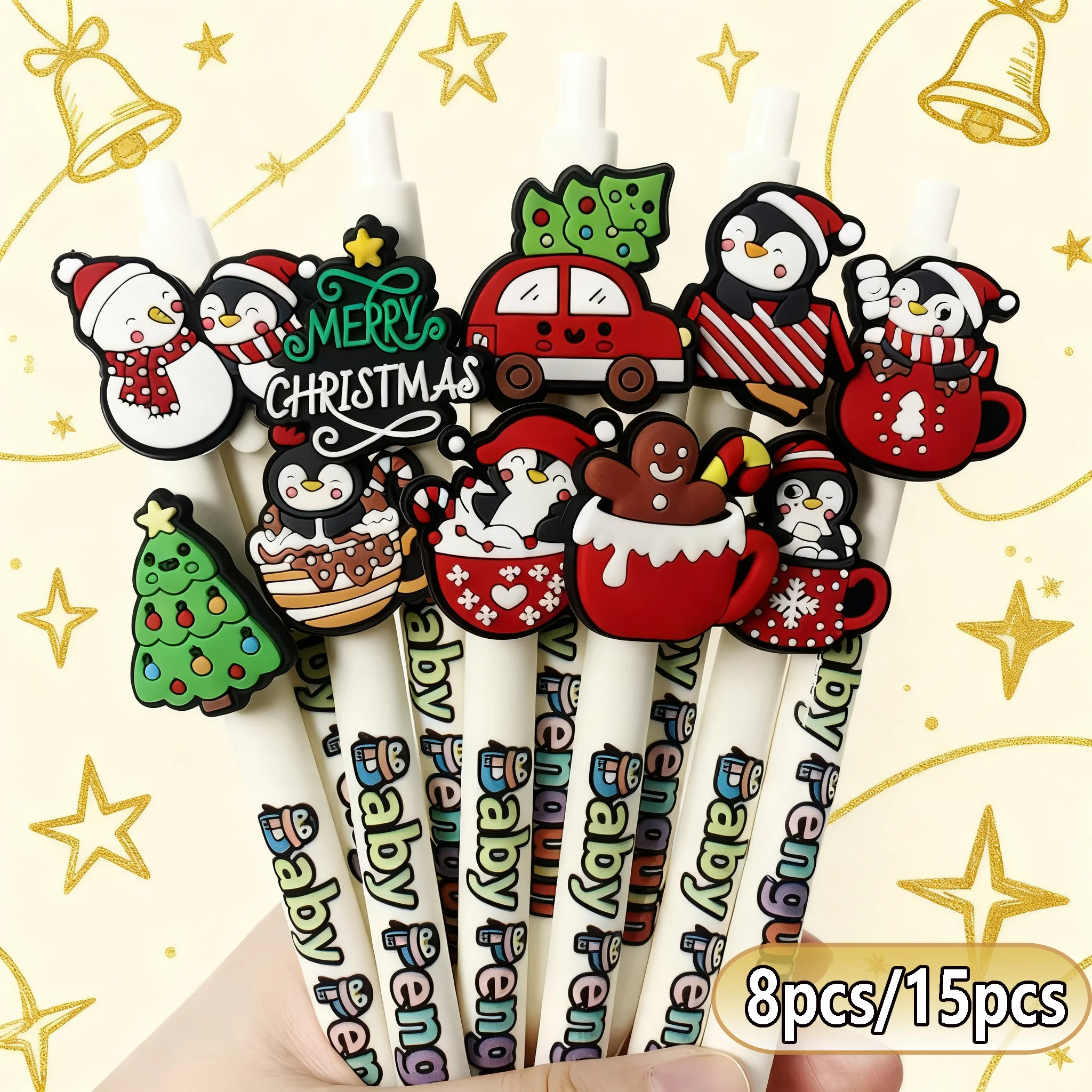 

8pcs/15pcs Christmas Penguin-shaped Press-action Ballpoint Pens - Hot Cocoa Penguin Series Retractable Signing Pens