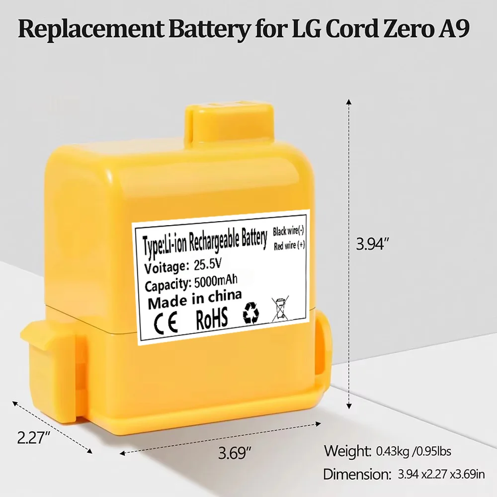 Replacement Battery for LG Cord Zero A9,A9S,P9,A9K-CORE,A9MAX,A9T-Ultra,A9K-PRO,A9N,A9M,A9 Plus 25.55V 5000mAh.