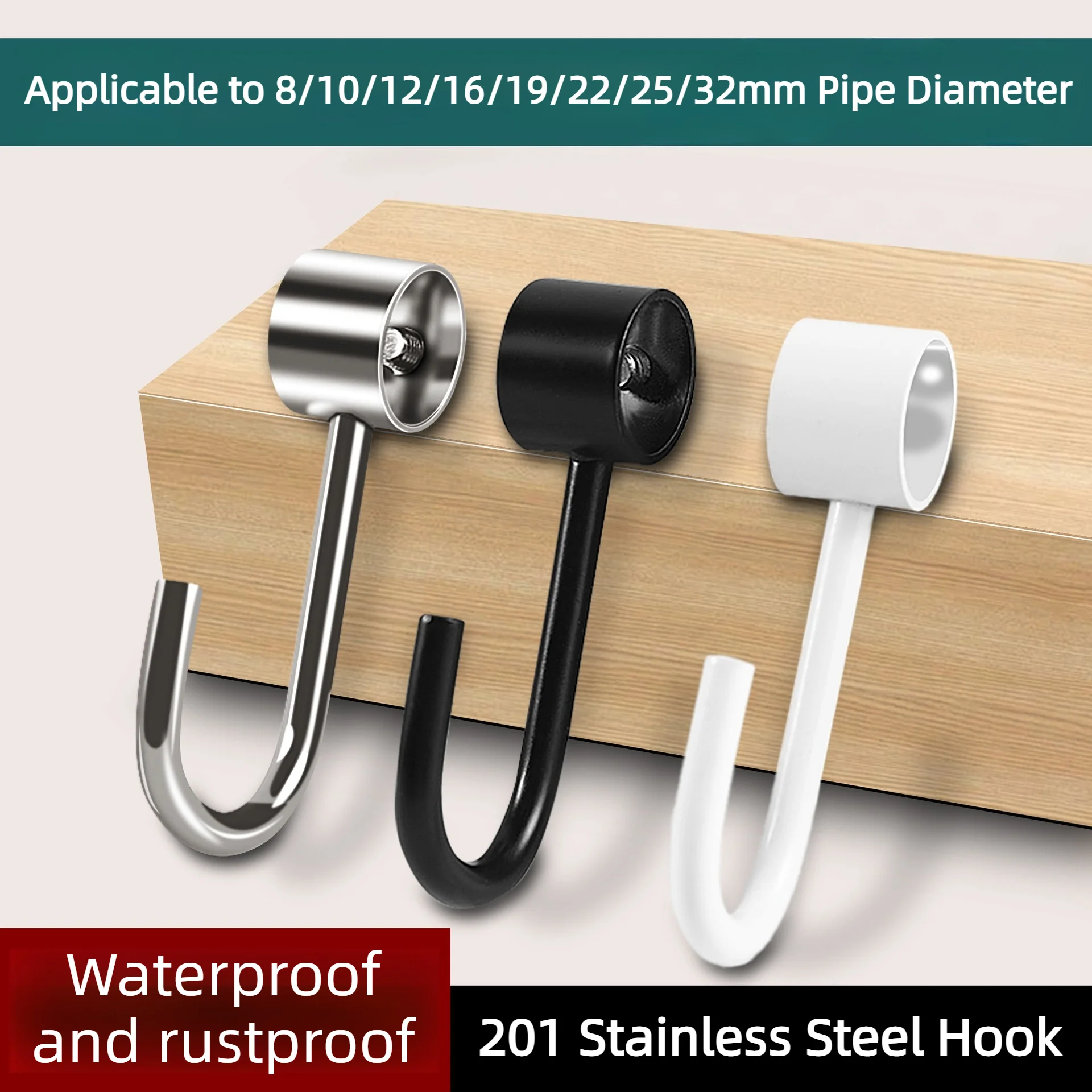 3 Pcs 16mm/19mm/22mm/25mm/32mm Wardrobe Bathroom Hanging Tube Pipe Rod Hooks Stainless Kitchen Pan Hook Hanger for Towel Clothes
