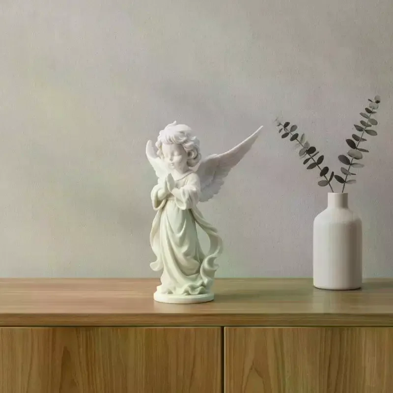 3D Printed Creative Angel Wings Statue Decoration Sweet Guardian Angel Figurine Girl Sculpture Office