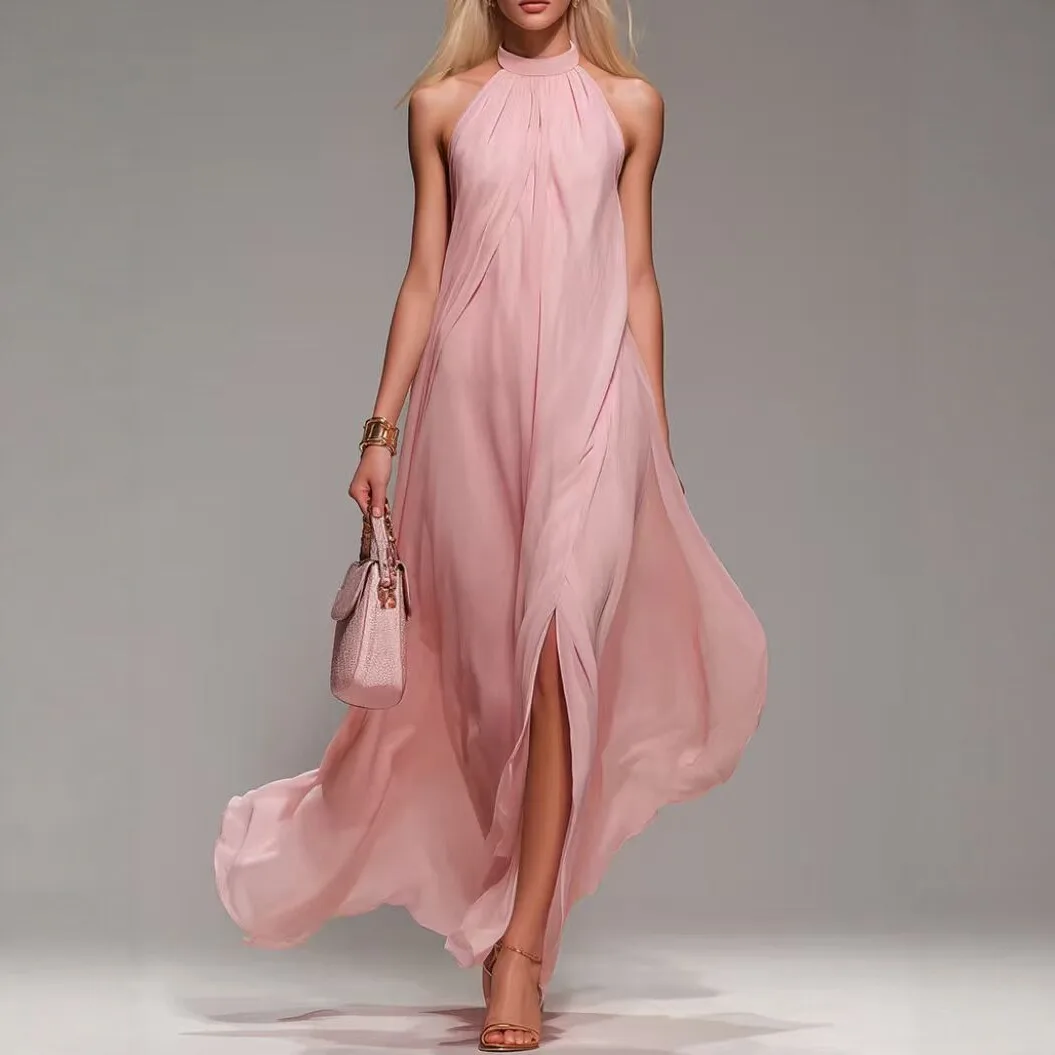 

Bohemian Loose Long Dresses Women Summer Evening Party Solid Color Halter Neck Sleeveless Maxi Dress Beach Vacation Dresses