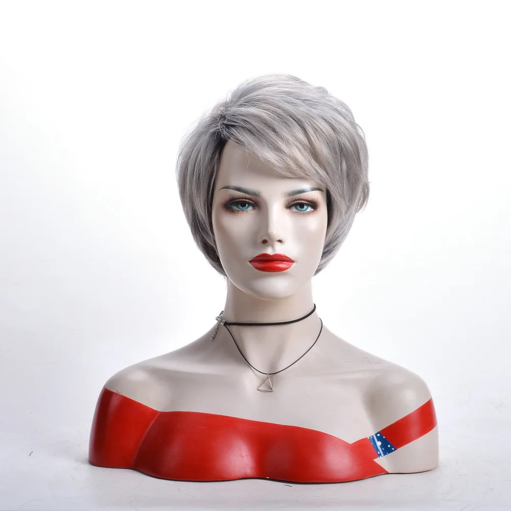 رمادي أبيض أومبير شعر مستعار قصير مستقيم للنساء مقاومة للحرارة الألياف الاصطناعية غطاء شعر مستعار كامل #2