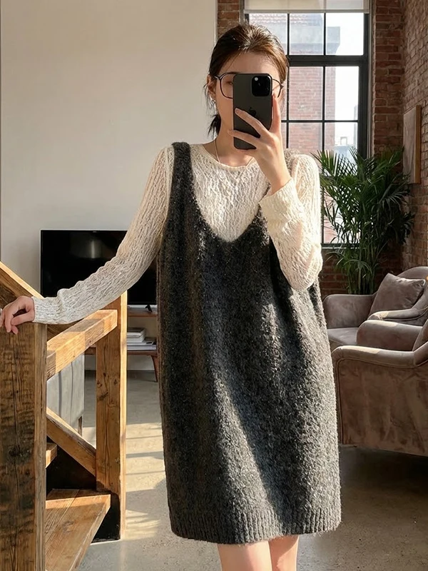 

Spring 2026 Women's round Ne Long Sve Lace Base irt Top Sequin Strap Dr Two Piece Set Warm Wool Knitted High Waist