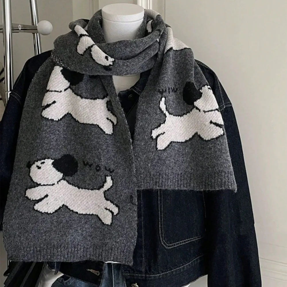 

Trendy Lightweight Puppy Pattern Scarf Korean Style Warm Cashmere Blend Scarf Cute Windproof Knitted Shawl Winter