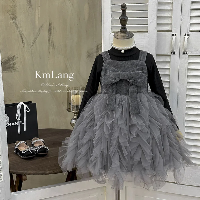 

Girls' Dress2025Autumn New Fashionable Bow Princess Dress High-end Black Sweet Two-piece Set for Little Girls