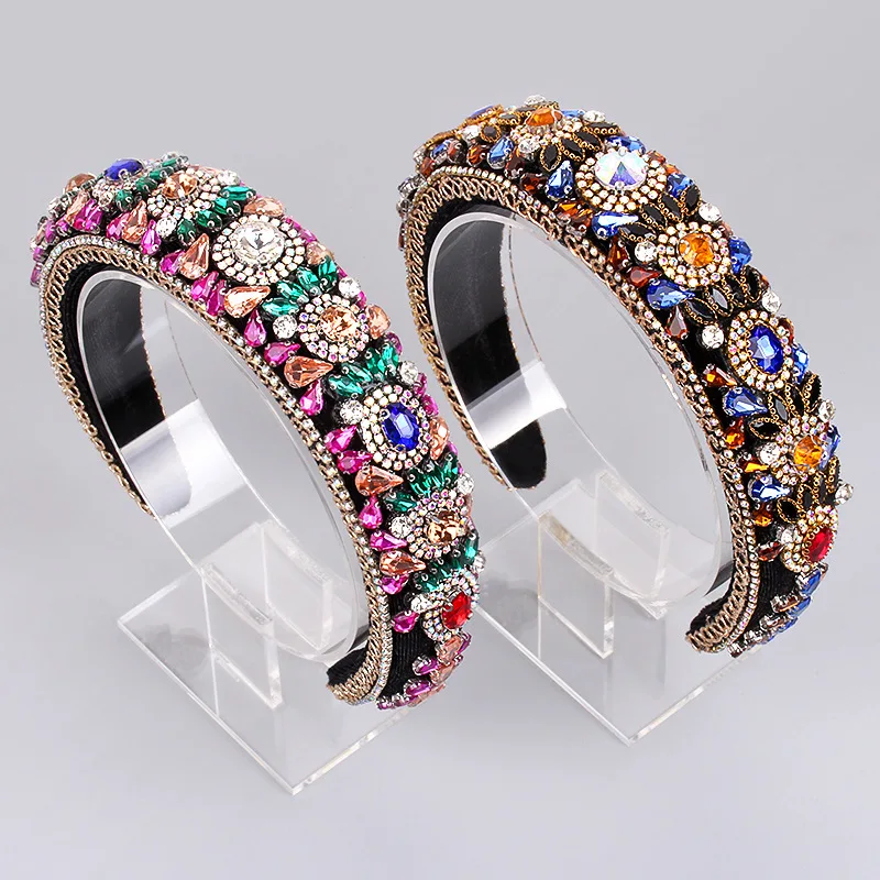 

European and American New Retro Heavy Baroque Colorful Rhinestone Headband for Women Luxurious Hair Accessories
