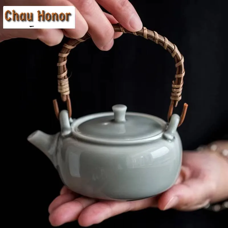 

180ml Ice Gray Glaze Lifting Handle Teapot Retro Tea Infuser Pot Tea Making Kettle with Filter Tieguanyin Chinese Tea Set Gift