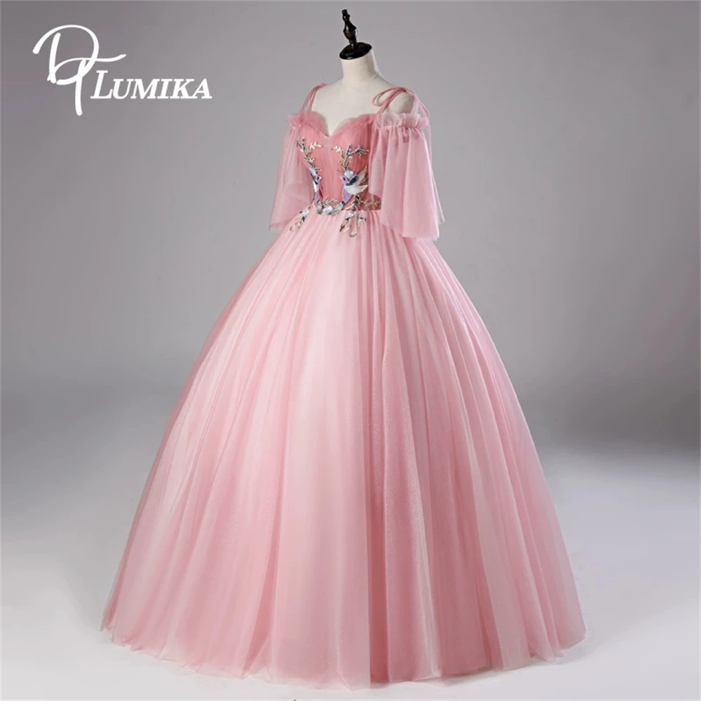DTLumika Lovely Pink Tulle Prom Dress for Women, Floral Appliques Sweet 15 16 Dresses Simple Evening Gowns Wedding Guest Dresses