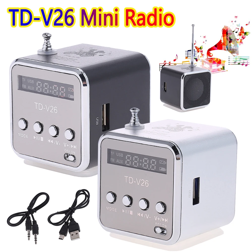 TD-V26 Portable Mini Radio Digital FM Radio Speaker Receiver 1inch LCD Display Stereo Loudspeaker Max Support 32G TF Card