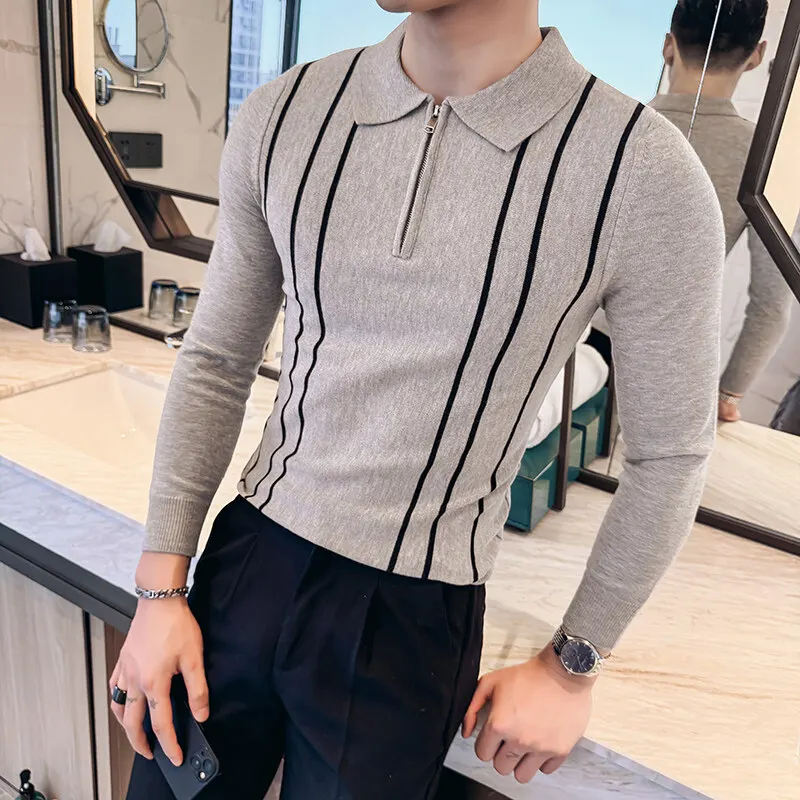 2025 Spring Sweater Men High Quality Zipper Flip Collar Striped Knitted Polo Shirt Men Fashion Long Sleeve Casual Slim Pullovers