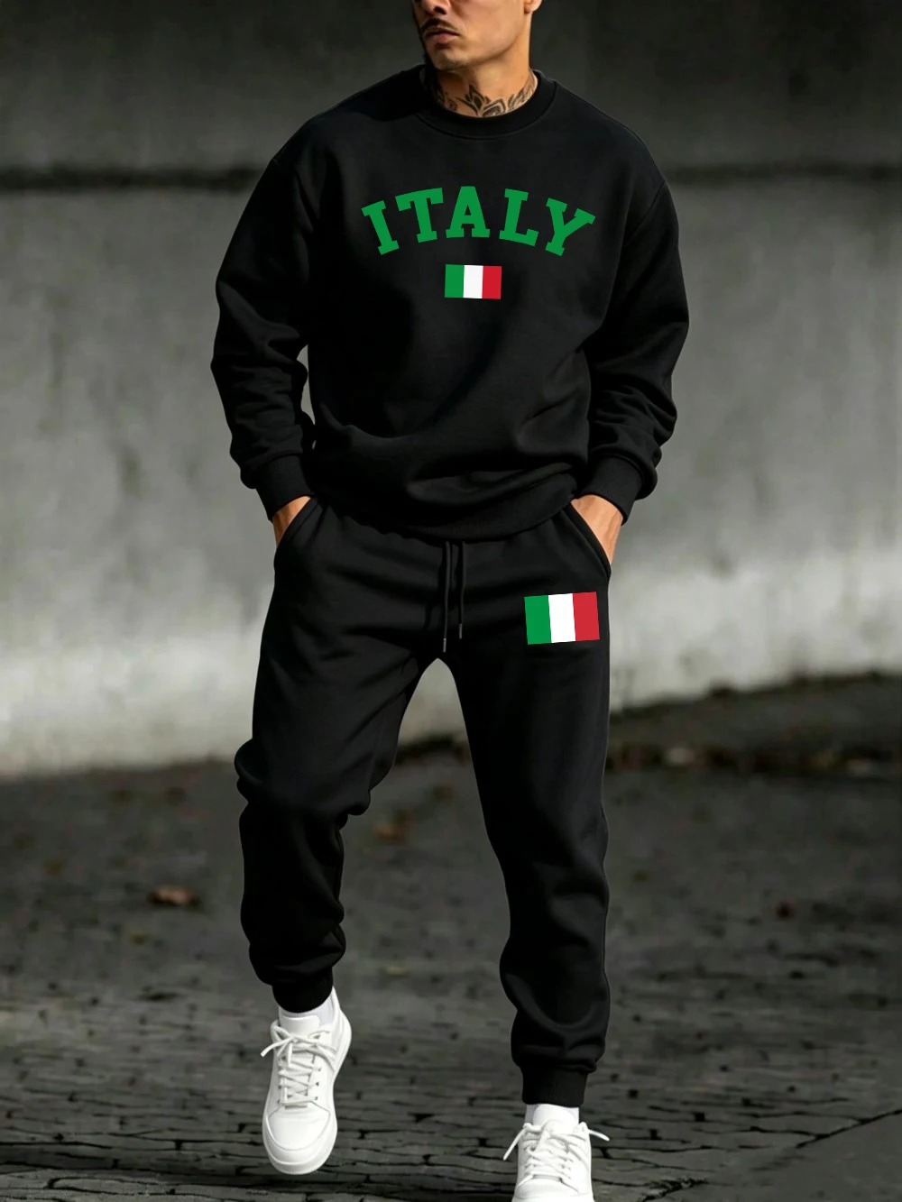2 Pcs Pullover Set Mens Italy Flag Letter Printing Sweatpants Casual Loose Fleece Warm Hoody Sporty Pants Winter Pocket Clothes