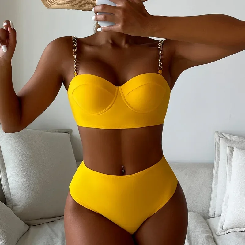 Sexy Triangle Two-Piece Swimsuit Black High Waist Metal Chain Bikinis Sets Slim Fit Large Size Solid Push Up Women's Swimsuit