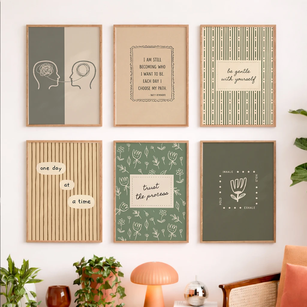 Set of 6 Line Floral Mental Health Breathing Quote Pattern Healing Therapy Affirmation Modern Line Floral Canvas Poster Wall