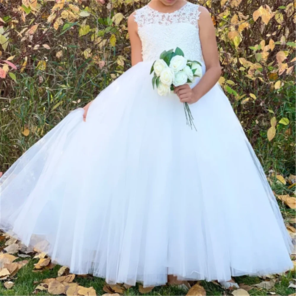 

Elegant White Sleeveless Tulle Lace Bow Belt Flower Girl Dresses Ball Beauty Pageant First Communion Kids Dream Surprise Gift