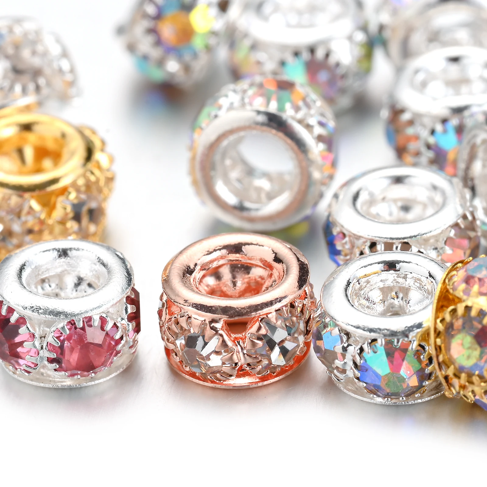 10 Stück 8/10mm Strass-Legierungs-Abstandsperlen, gemischte Farben, Kristall-Rondellperlen, große Lochperlen für DIY-Armband-Schmuckherstellung – Detail 1