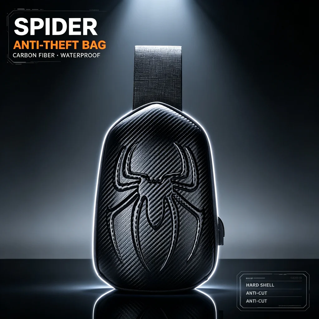 Motorcycles Bags Hard Shell Sling Bag for Men Anti-Theft Spider Crossbody Bag for Travel Cycling with USB Charging Port