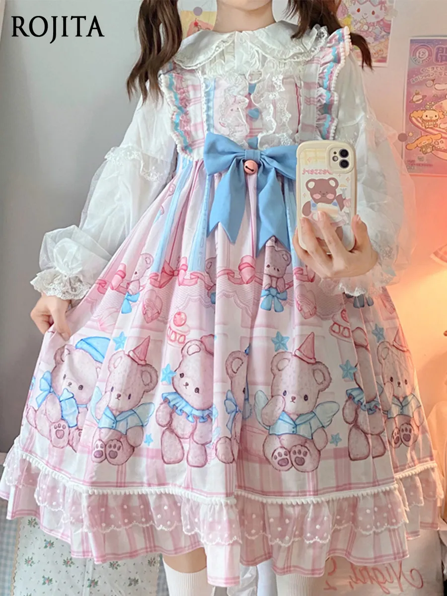 

Sweet Girl Pink Dress 2026 New Lolita JSK Strap Dress White Long Sleeve Shirt Set Cartoon Bear Lolita Dress