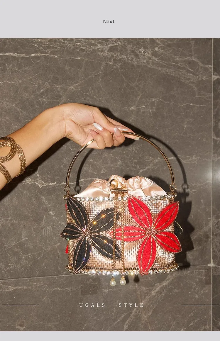 

Fashion Solid Floral Metal Cage Bag Glitter Diamond Women Handbag Wedding Party Banquet Bag Luxury Clutch Purse Shoulder Bag